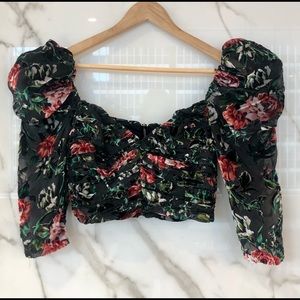 PatBO floral top crop puff shoulder burnout velvet ruched sweetheart black 4 S